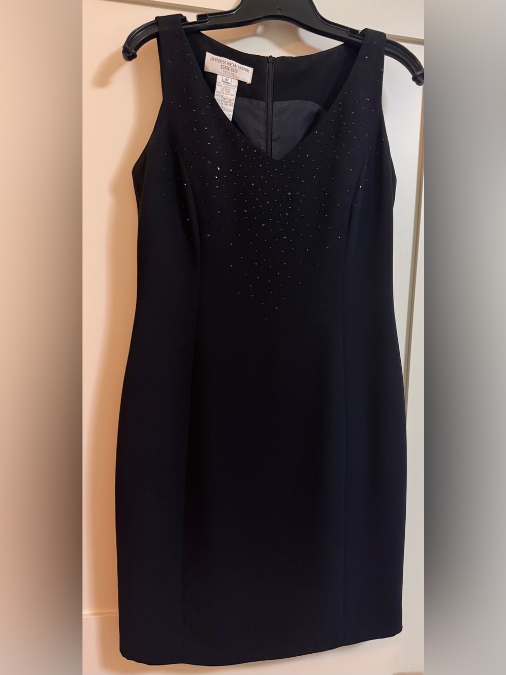 Jones New York Black Sleeveless Midi Sheath Dress with Rhinestone Detail